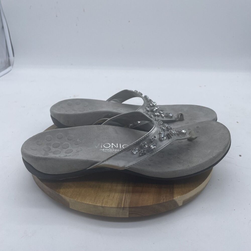 Vionic Pearl Sandals Womens 10 Gray Silver Flip Flop Orthaheel Beaded Shoes